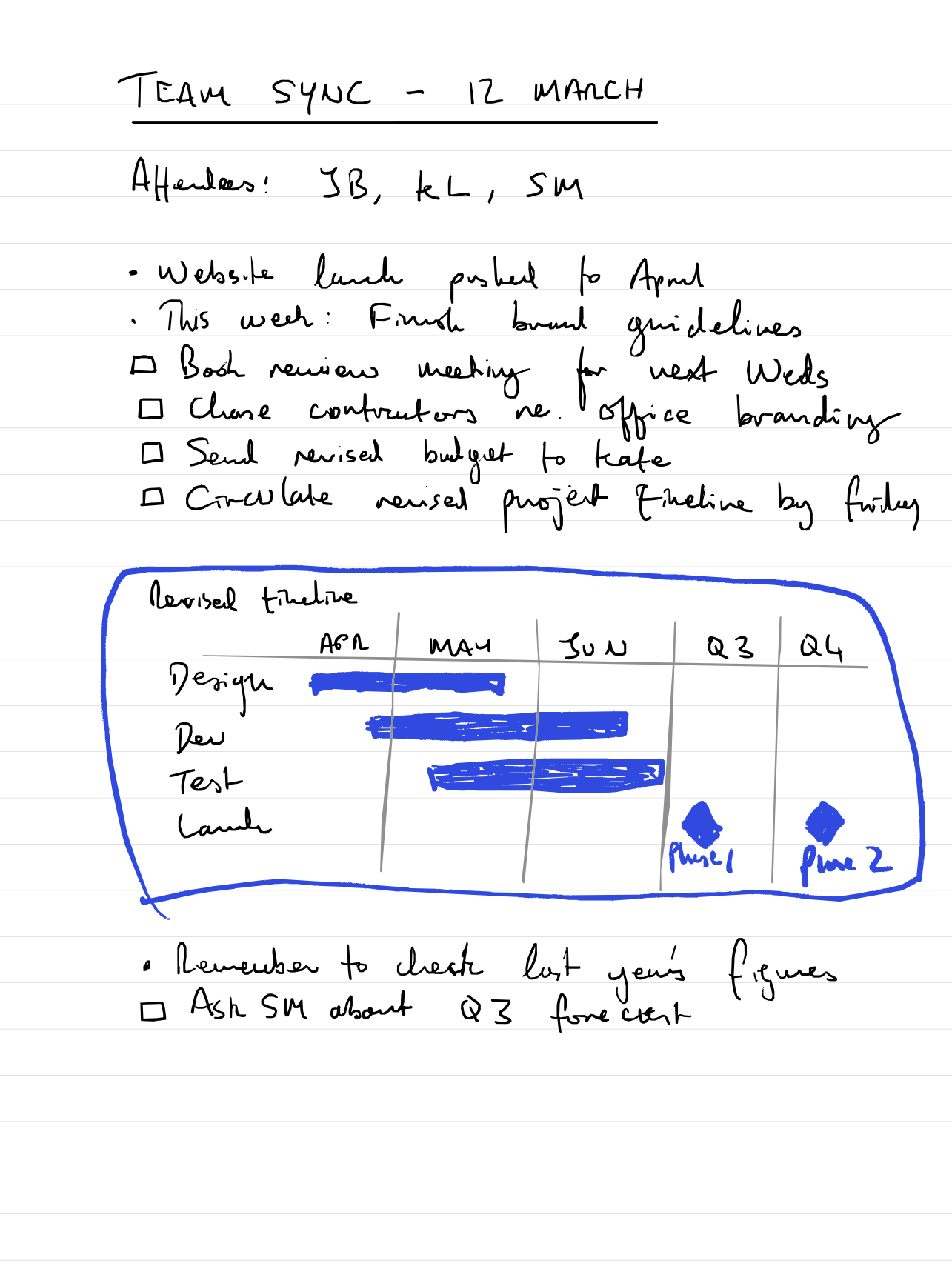 Handwritten Team Sync meeting notes